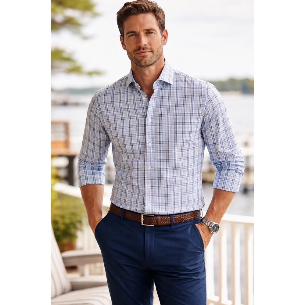 Nordstrom Men's Shop Non-Iron Trim Fit Plaid Button Down Dress Shirt Sz 16/US M